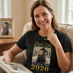 Proud Mom Daughter Black Gold Graduation Portrait T-Shirt