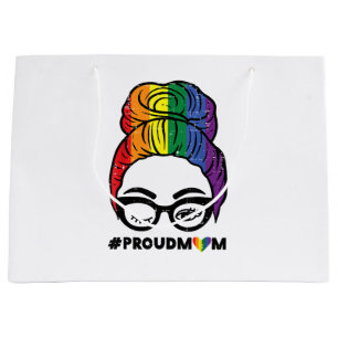Proud Mom Messy Hair Bun LGBTQ Rainbow Flag Gay Pr Large Gift Bag