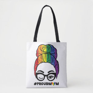 Proud Mom Messy Hair Bun LGBTQ Rainbow Flag Gay Pr Tote Bag