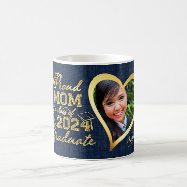 Proud Mom of a 2024 Graduate Photo Navy Blue Gold Coffee Mug (Center)