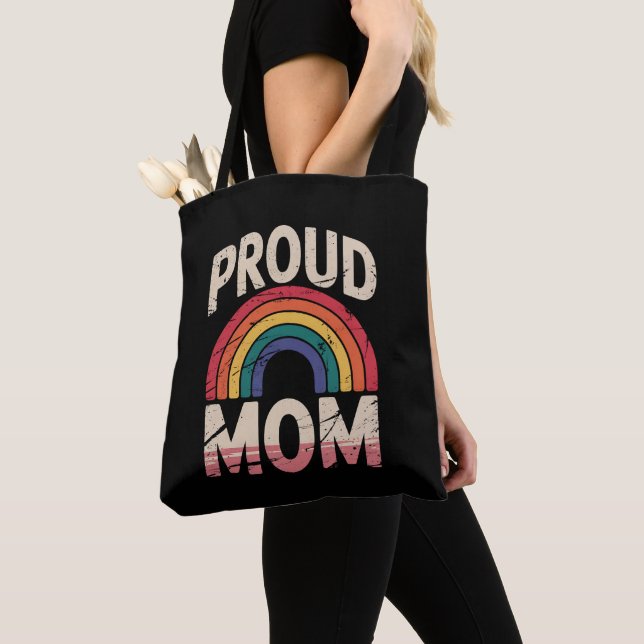 Proud Mom Rainbow LGBTQ Gay Pride Ally Tote Bag (Close Up)