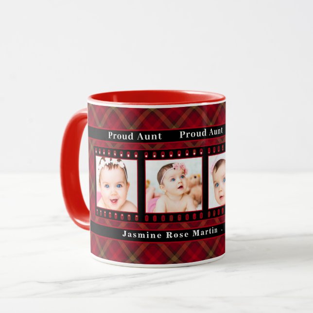 Proud New Aunt Red Plaid with Black 4 Photo Mug (Front Left)