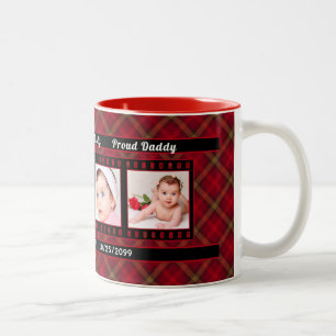 Proud New Daddy Red Plaid with Black 4 Photo Two-Tone Coffee Mug