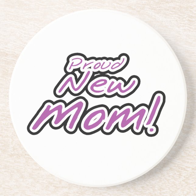 Proud New Mom Black and Purple Text Gifts Coaster (Front)