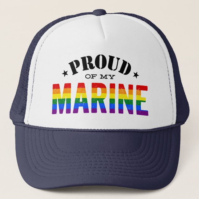 Proud of My Gay Marine Rainbow Flag Trucker Hat (Front)