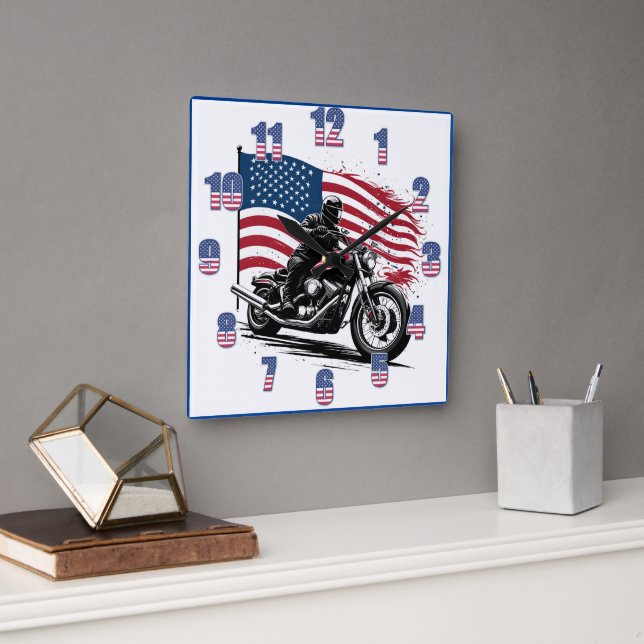 Proud rider with American flag in sunset glow Square Wall Clock (Office)