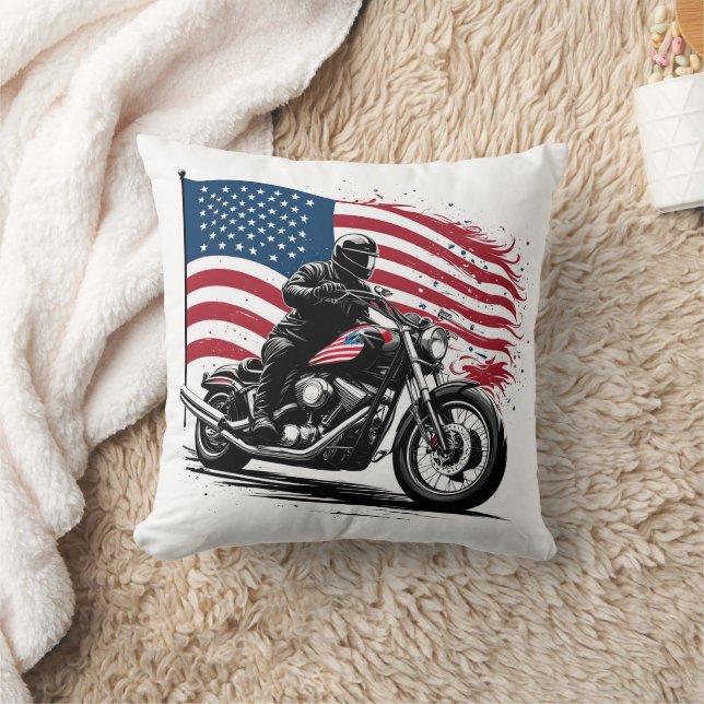 Proud rider with American flag in sunset glow Throw Pillow (Blanket)