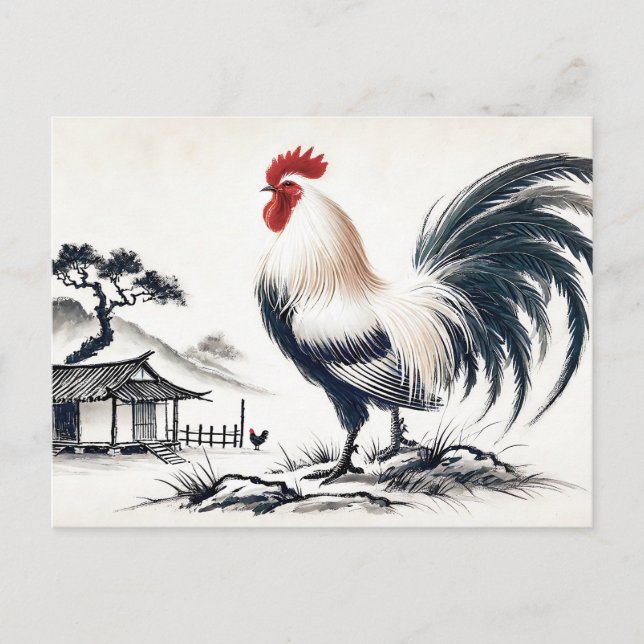 Proud Rooster Standing Before Barn Holiday Postcard (Front)