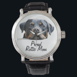 Proud Rottie Mom Rottweiler Dog Face Watch<br><div class="desc">German Rottweiler dog breed watch for dog lovers and proud Rottweiler owners shows a large photo of a Rottweiler head staring intently. Underneath it reads Proud Rottie Mom. Personalize however you like by removing and adding your own text, and/or changing the font style or colour. We also have this Rottie...</div>