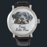 Proud Rottie Mom Rottweiler Dog Face Watch<br><div class="desc">German Rottweiler dog breed watch for dog lovers and proud Rottweiler owners shows a large photo of a Rottweiler head staring intently. Underneath it reads Proud Rottie Mom. Personalize however you like by removing and adding your own text, and/or changing the font style or colour. We also have this Rottie...</div>