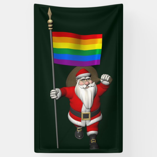 Proud Santa Claus With Rainbow Flag Banner (Vertical)