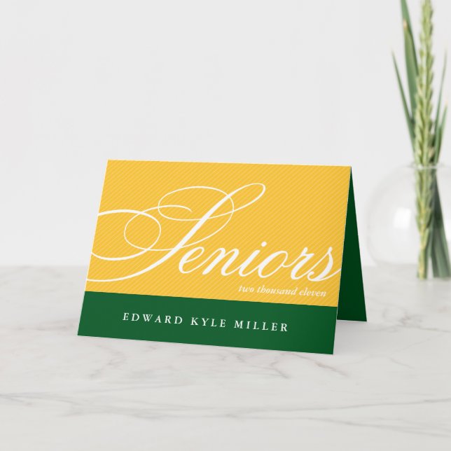 Proud seniors gold green graduation announcement (Front)