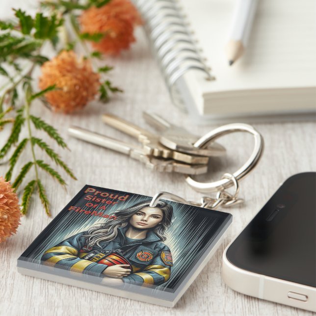 Proud Sister Of A FireFighter Robotics Keychain (Front Right)