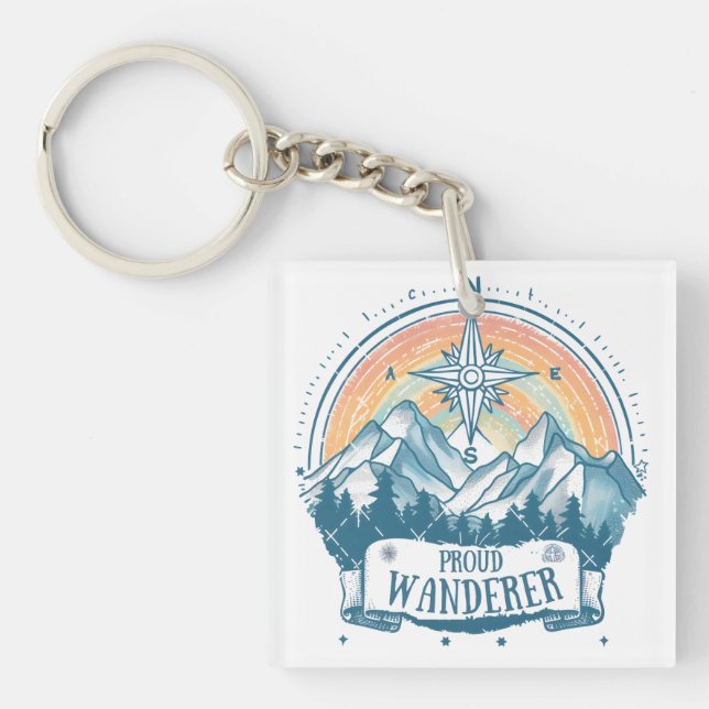 Proud Wanderer LGBTQ Camping – Rainbow Compass Keychain (Front)