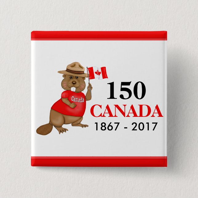 Proudly Canadian Beaver 150 Anniversary 2 Inch Square Button (Front)