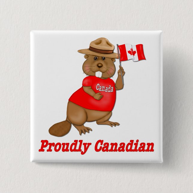 Proudly Canadian Beaver 2 Inch Square Button (Front)
