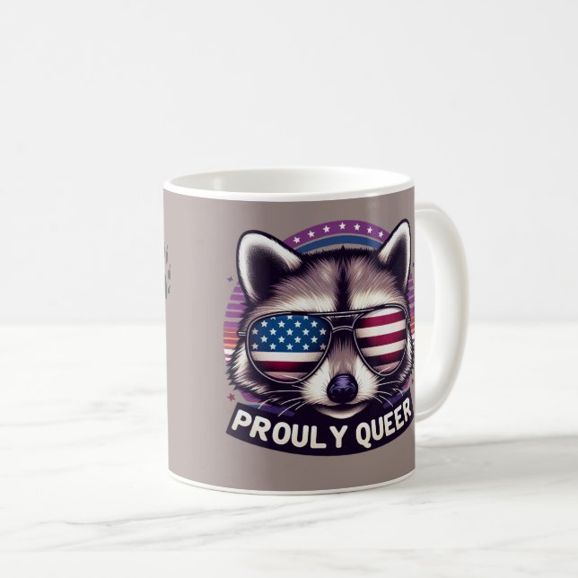 Proudly Queer Raccoon with American Flag Sunglasse Coffee Mug (Front Right)