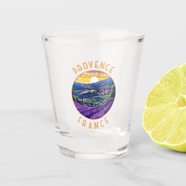 Provence France Lavender Retro Distressed Circle Shot Glass (Front)