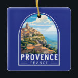 Provence France Travel Art Vintage Ceramic Ornament<br><div class="desc">Provence retro vector travel design. Provence is a historical and cultural region in southeastern France. Known for its diverse landscapes,  from the Southern Alps and Camargue plains to rolling vineyards,  olive groves,  pine forests and lavender fields.</div>