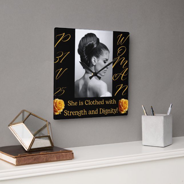 Proverbes 31 Femme Black & Yellow Carré Horloge (Bureau)