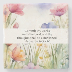Proverbs 16:3 KJV Commit Thy Works Scripture Stone Coaster
