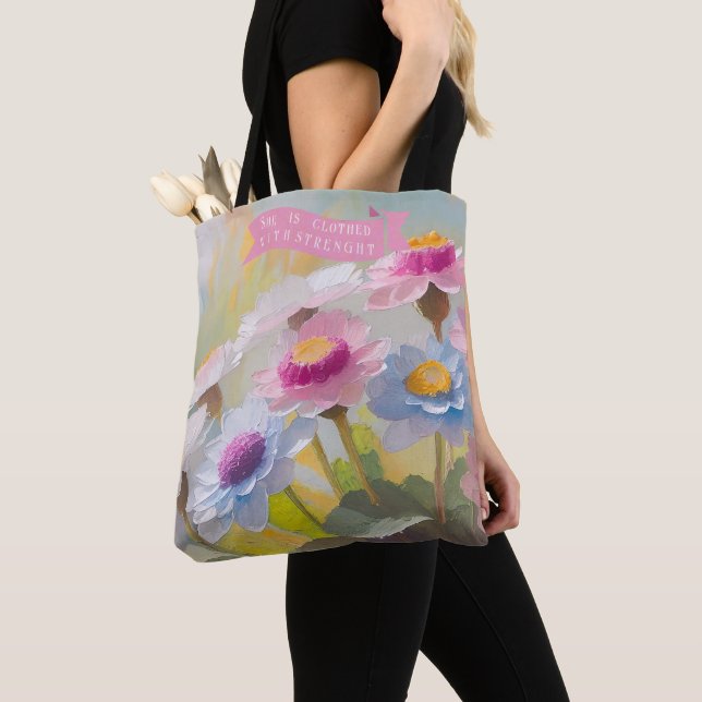 Proverbs 31:25,Bible Quotes Mothers, Daisies  Tote Bag (Close Up)