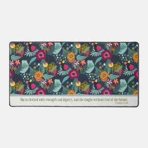 Proverbs 31:25 Blue Abstract Floral Desk Mat