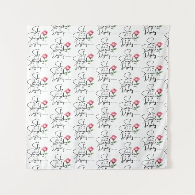 Proverbs 31:25 Flower Bible Verse Seamless Pattern Tapestry (Front)