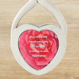 Proverbs 31:25 Red Rose Custom Bible Verse Heart Keychain