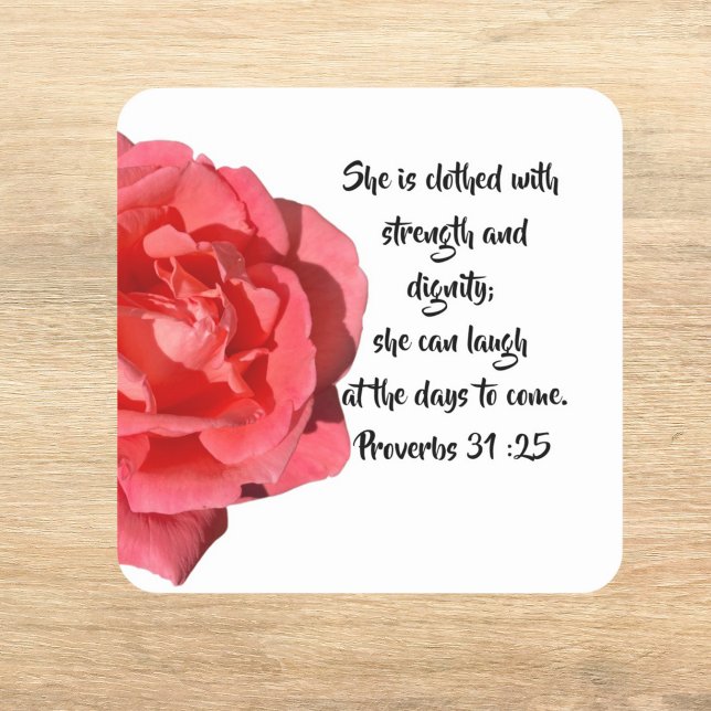Proverbs 31:25 Red Rose Custom Bible Verse Square Sticker (Creator Uploaded)