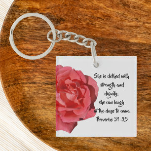 Proverbs 31:25 Red Rose Custom Christian Keychain