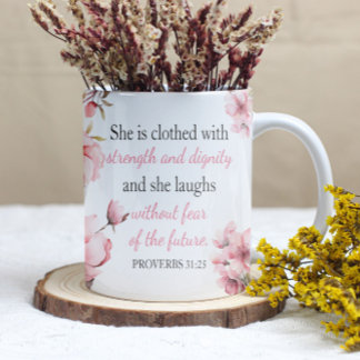 Proverbs 31:25 Righteous Woman Pink Watercolor Mug