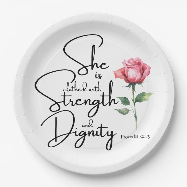 Proverbs 31:25 She is clothed Bible Verse Flower Paper Plate (Front)