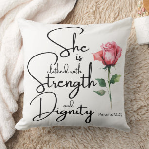 Proverbs 31:25 She is clothed Bible Verse Flower Throw Pillow