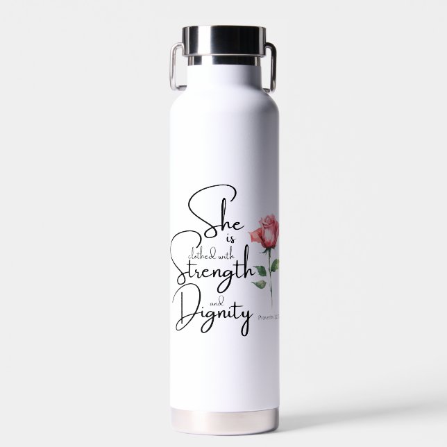 Proverbs 31:25 She is clothed Bible Verse Flower Water Bottle (Front)