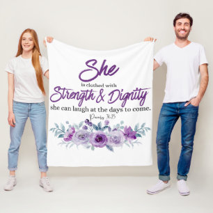 Proverbs 31:25 Strength and Dignity Purple Flower  Fleece Blanket