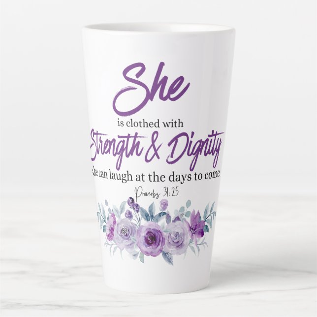 Proverbs 31:25 Strength and Dignity Purple Flower  Latte Mug (Front)