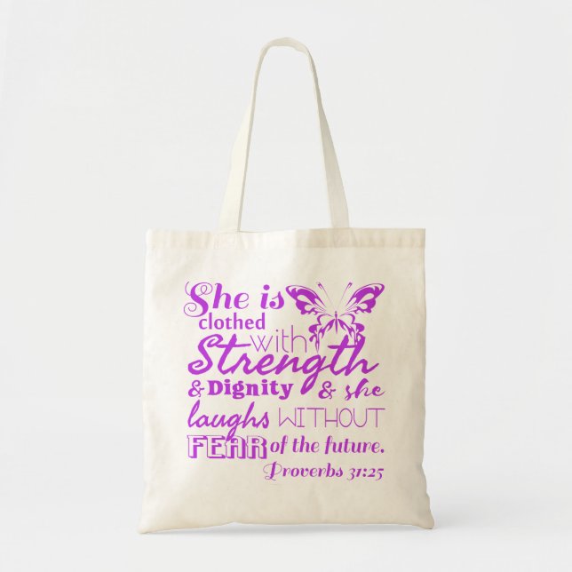 Proverbs 31:25 tote bag (Front)