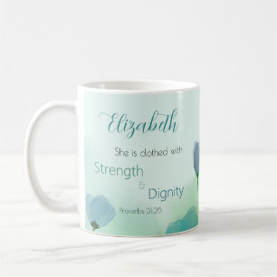 Proverbs 31:25 Woman of Faith Green Blue Floral Coffee Mug