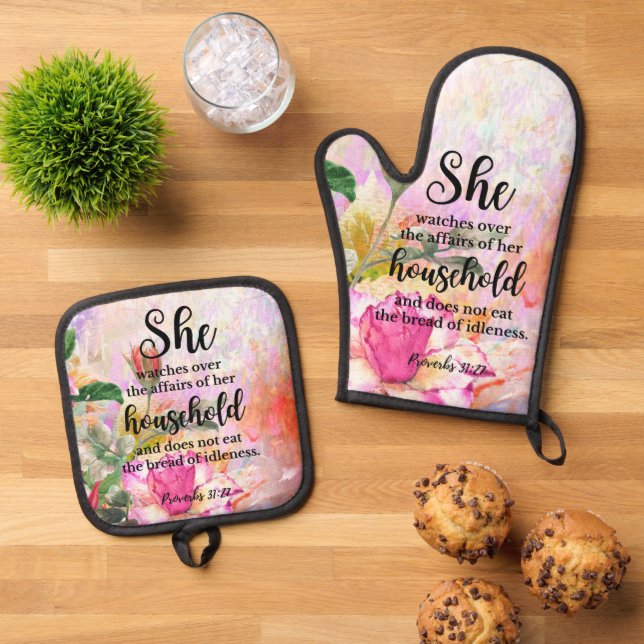 Proverbs 31:27 Mother's Day Scripture Oven Mitt & Pot Holder Set (Top Down)