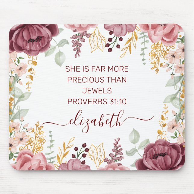 Proverbs 31  Elegant pastel pink flower scripture  Mouse Pad (Front)