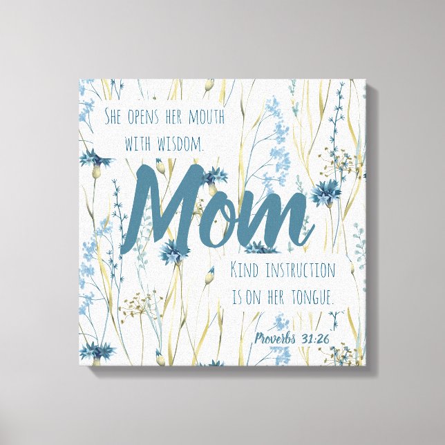 Proverbs 31 Mom Blue & Gold Flowers Canvas Print (Front)