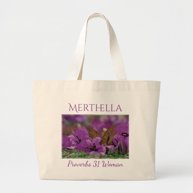PROVERBS 31 Purple Floral Personalized Photo Large Tote Bag (Front)