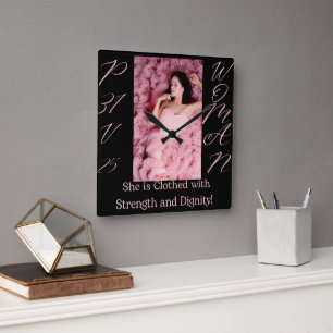 PROVERBS 31 WOMAN BLACK & PINK SQUARE WALL CLOCK
