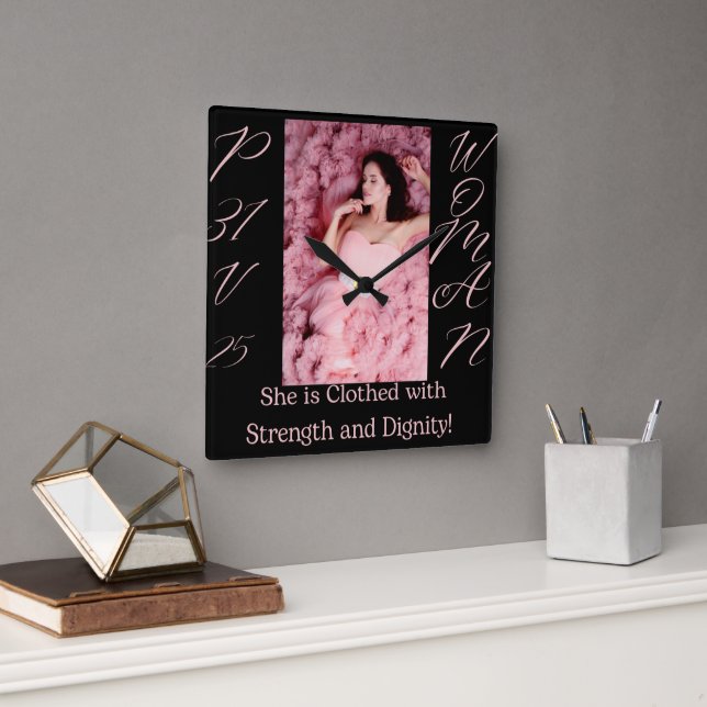 Proverbs 31 Woman Black & Pink Square Wall Clock (Office)