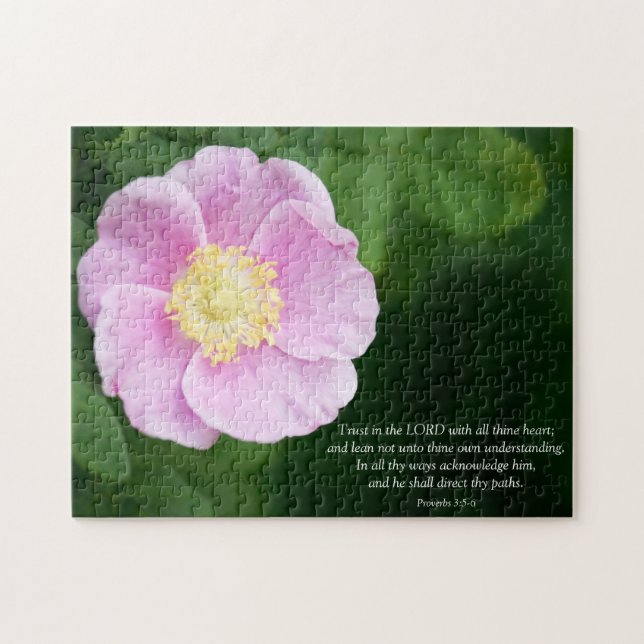 Proverbs 3:5-6 Christian Bible Verse Pink Flower Jigsaw Puzzle (Horizontal)