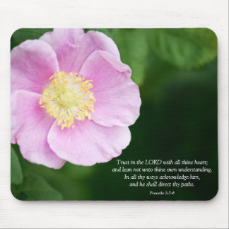 Proverbs 3:5-6 Christian Bible Verse Pink Flower Mouse Pad