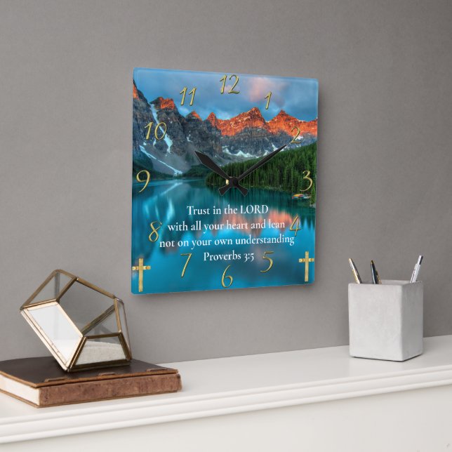 Proverbs 3:5 beautiful moutain lake view  square wall clock (Office)