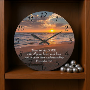 Proverbs 3:5 Christian ocean with a sunset  Large Clock