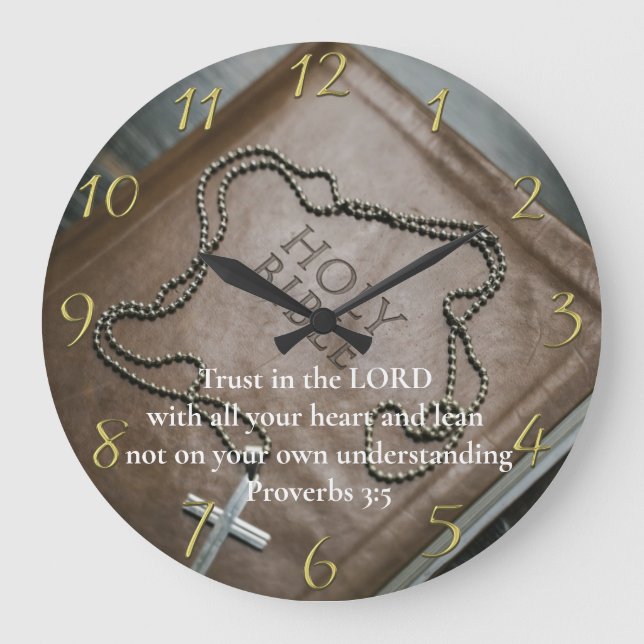 Proverbs 3:5 Holy Bible with cross  Large Clock (Front)